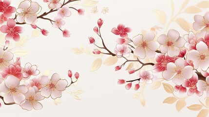  a painting of pink flowers on a white background with a gold border.  generative ai - obrazy, fototapety, plakaty