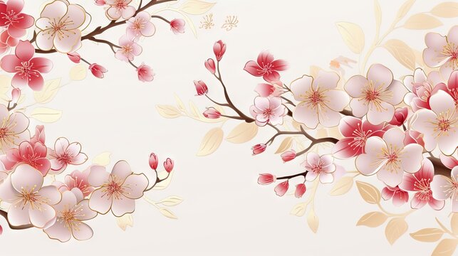  a painting of pink flowers on a white background with a gold border.  generative ai