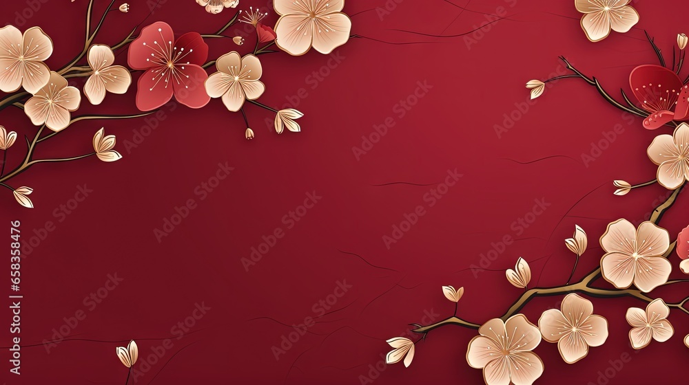 Poster a red background with a branch of a tree with flowers. generative ai