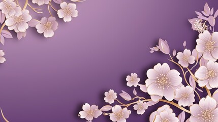  a purple background with white flowers and gold leaves on it.  generative ai