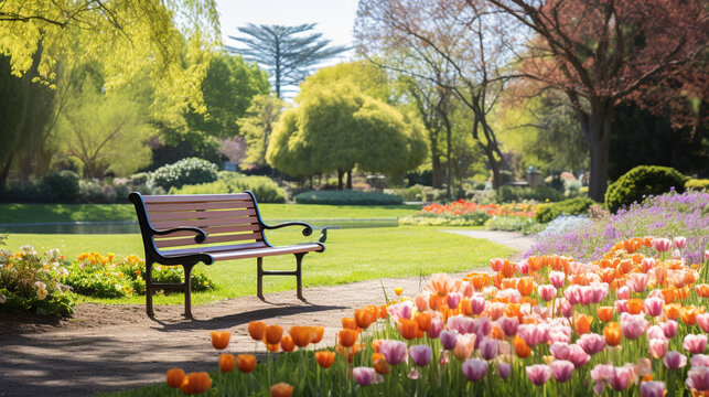 A tranquil image of an April 2024 calendar page set against a serene garden filled with colorful tulips and daffodils