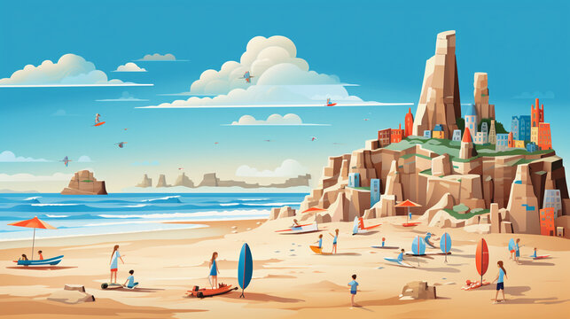 A playful representation of a May 2024 calendar page with a beach scene, complete with sandcastles, surfboards, and a sunny sky