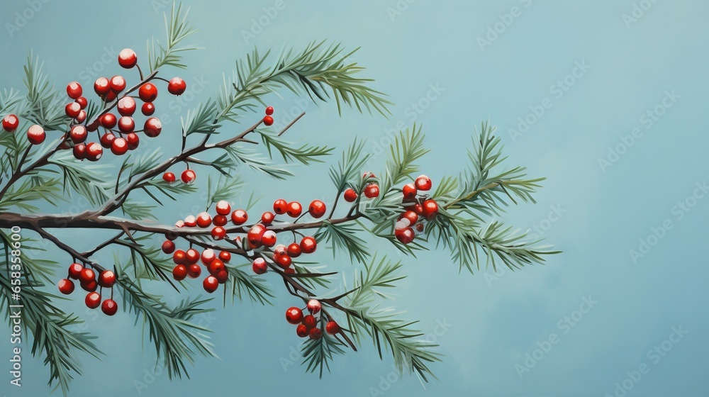 Aufkleber a branch of a pine tree with red berries on it. generative ai