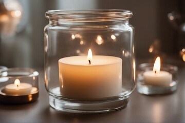 Fototapeta na wymiar Candle glass jar with burning candle Home decor
