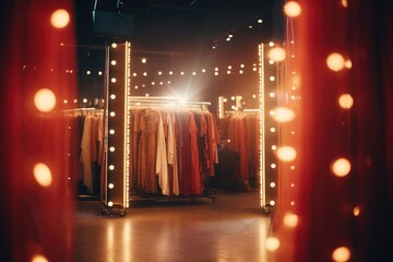 Actor's dressing room, lit by bulbs, with costumes hanging - Behind the scenes - AI Generated - obrazy, fototapety, plakaty