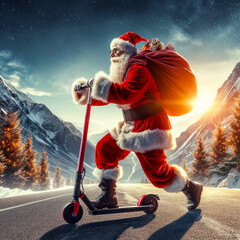 Santa Claus rushing to deliver his gifts at Christmas dawn, kick scooter,snow, winter, route,transit,hurried, speed,sunrise, generate ia - obrazy, fototapety, plakaty
