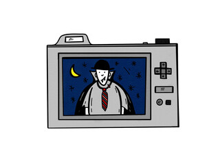 camera display showing a night scene with a bright moon and a funny cartoon vampire wearing a tie