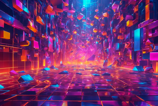 Abstract background cubes with futuristic neon glowing elements. Ideal for modern design and space-themed concepts. Versatile for various graphic applications.