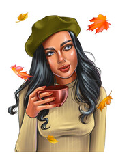 Fall girl  with cup of coffee