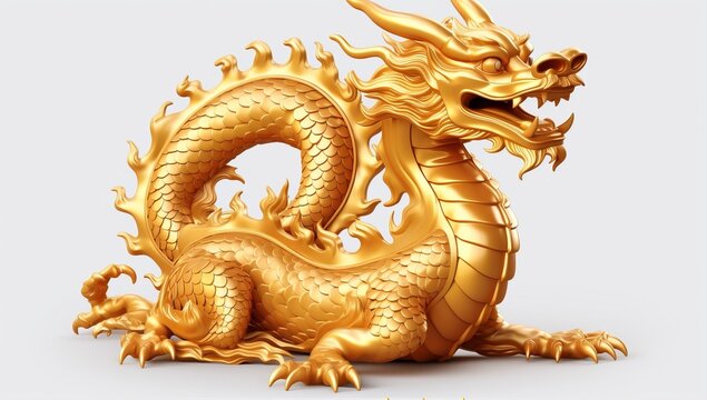 golden dragon statue on white background,