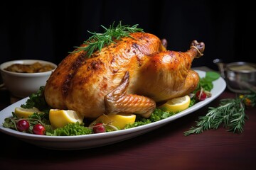 A Roasted Turkey On A Platter With Lemons And Herbs. Сoncept Thanksgiving Feast, Holiday Centerpiece, Herbed Roasted Turkey, Lemon-Infused Flavors