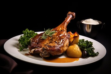 Duck Leg Served With Mushroom Sauce, Culinary Delight. Сoncept Duck Confit, Mushroom Risotto, Mushroom And Truffle Sauce, Gourmet Mushroom Soup