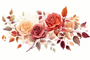 Another Watercolor Vector Autumn , This Time Featuring Roses And Leaves On White Background