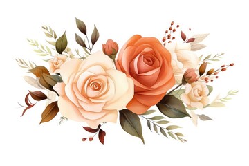 Another Watercolor Vector Autumn , This Time Featuring Roses And Leaves On White Background