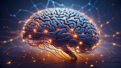 Neurointerface: Human Brain in AI Neural Network. Digital immortality concept. - obrazy, fototapety, plakaty