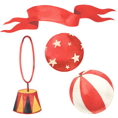 Watercolor vintage circus illustration set. Balls, banner, circus ring. Kids design, art, decor. Hand painted illustration for nursery, invitation, posters