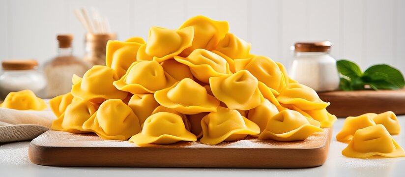 Various types of Italian stuffed pasta including tortellini agnolotti cappelletti ravioli and uszka placed on a white background