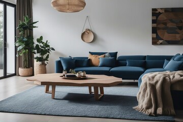 Modern interior design of living room with blue sofa and wooden coffee table Home interior with rug