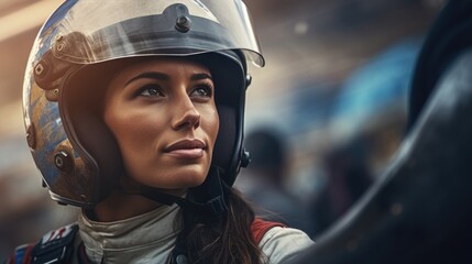 Beautiful woman racing driver in a helmet. Motorsports, leisure activities. - obrazy, fototapety, plakaty