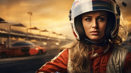 Beautiful woman racing driver in a helmet. Motorsports, leisure activities.