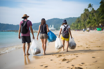 Tourists clean up trash and plastic bottles from the beach. Preserve the environment, Recycling, Helping local communities - obrazy, fototapety, plakaty