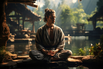 A person meditating peacefully, finding inner balance and tranquility. Concept of mindfulness and...