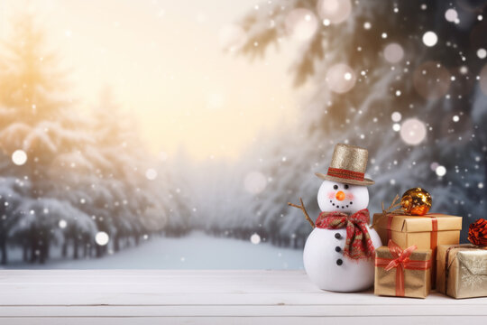 On a wooden table, you'll find a Christmas celebration gift box, a cute snowman, and a softly blurred, gorgeous snowy forest. An abstract concept ideal for Christmas, gifts, and events.