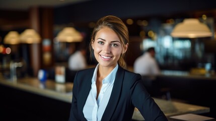 Fototapeta premium Smiling restaurant employee. Beautiful woman.