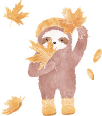 Cute sloth bear and yellow maple leaves illustration. Fall season hand drawn art - 658360651