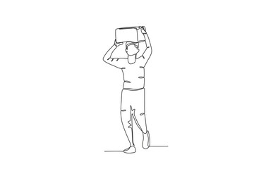 A man carries a box over his head. International migrants day one-line drawing