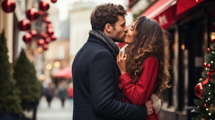 Couple kiss in winter holiday theme - obrazy, fototapety, plakaty