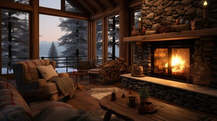 Obraz na płótnie Canvas Cozy winter cabin with fireplace, in snow land