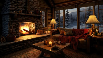 Fototapeta na wymiar Cozy winter cabin with fireplace, in snow land