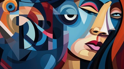 Cubism art of woman face, colorful full background