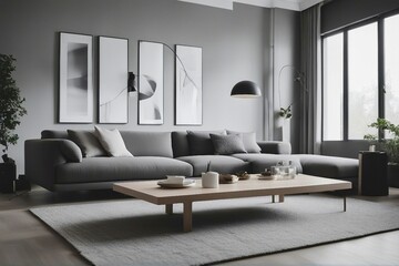 Scandinavian minimalist home interior design of modern living room Grey sofa near floor to ceiling 
