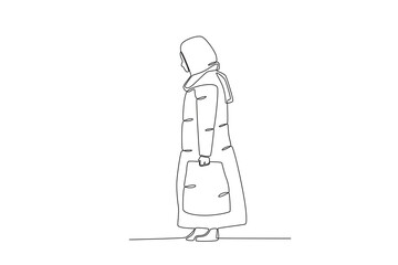 Side view of a woman migrating carrying a bag. International migrants day one-line drawing