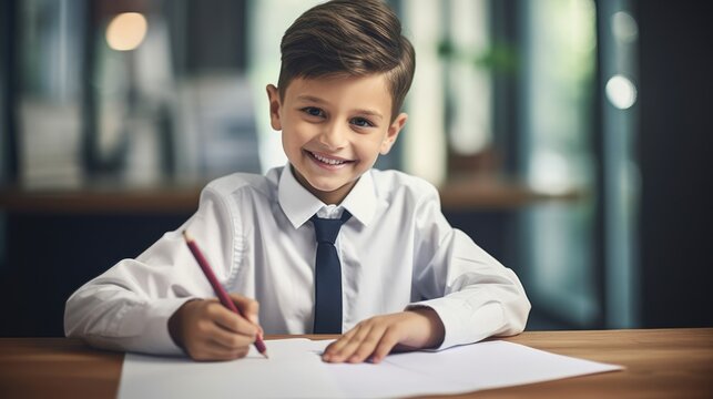 Little boy write paper on desk