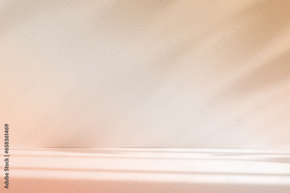 Fototapete Abstract pastel color gradient studio background for product presentation. Empty room with shadows of window and flowers and palm leaves . 3d room with copy space. Summer concert. Blurred backdrop.