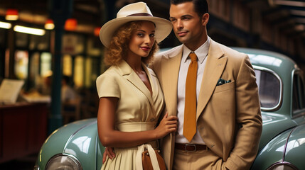 A creative shot of a couple in retro 1950s outfits, posing with vintage suitcases and a classic car at a train depot - obrazy, fototapety, plakaty