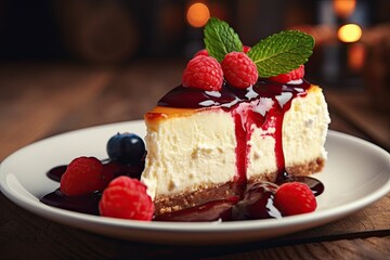 Cheesecake decorated with berries and mint leaves. Close-up. Blurred background 
