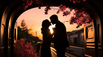A romantic silhouette of a couple sharing a kiss under an arch of blooming flowers at a charming rural train station