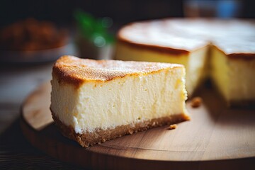 A slice of cheesecake on a wooden board. - obrazy, fototapety, plakaty