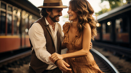 A playful image of a couple dancing on an old-fashioned railway platform, showcasing their unique love story - obrazy, fototapety, plakaty