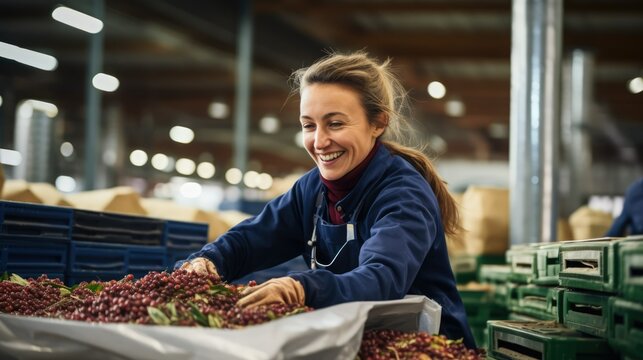 Smiling Woman Worker Sorting Fruit In Factory