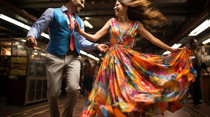 A vibrant and energetic shot of a couple twirling around in colorful attire as they celebrate their love at a lively station - obrazy, fototapety, plakaty