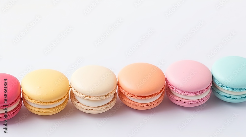 Poster a row of macaroons sitting next to each other. generative ai