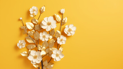 Illustration de fleurs dorées et blanches sur un fond de couleur jaune. Arrière-plan et fond pour conception et création graphique.