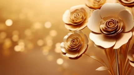 Foto op Plexiglas Illustration de fleurs dorées sur un fond de couleur or. Arrière-plan et fond pour conception et création graphique. © FlyStun