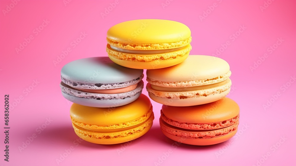 Poster a stack of four macaroons on a pink background. generative ai