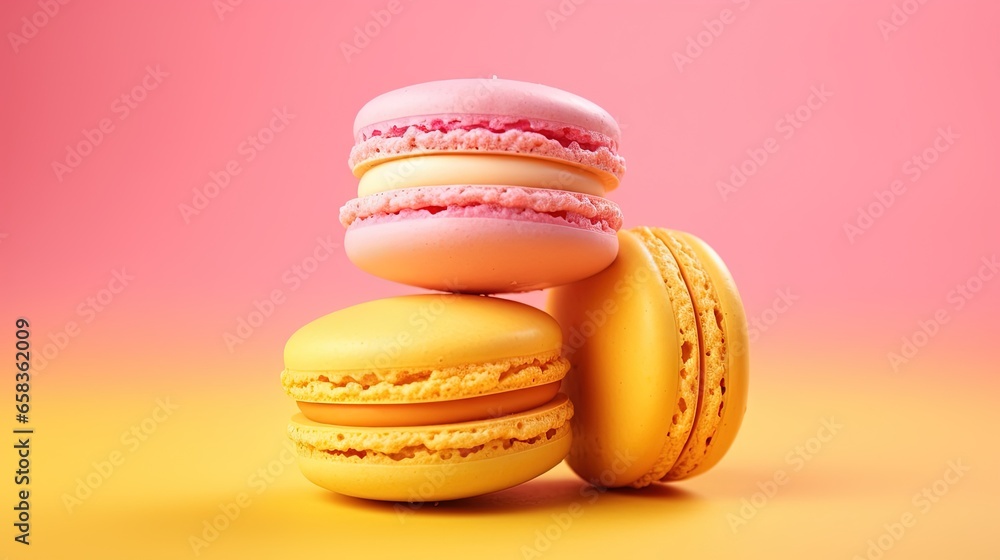 Poster  a stack of three macaroons sitting on top of each other.  generative ai